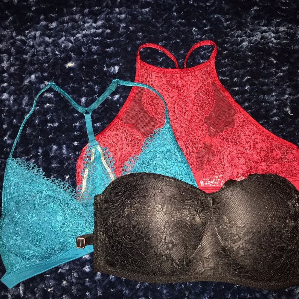 3 bras - Black Marilyn Monroe S, Burgundy and teal Victoria’s Secret XS